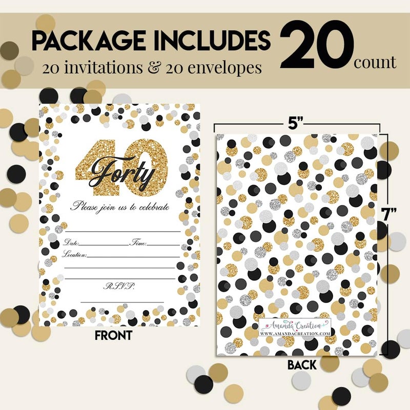 Amanda Creation Confetti Polka Dot 40th Birthday Party Invitations, 20 5x7 Fill In Cards with Twenty White Envelopes by AmandaCreation - Image 5